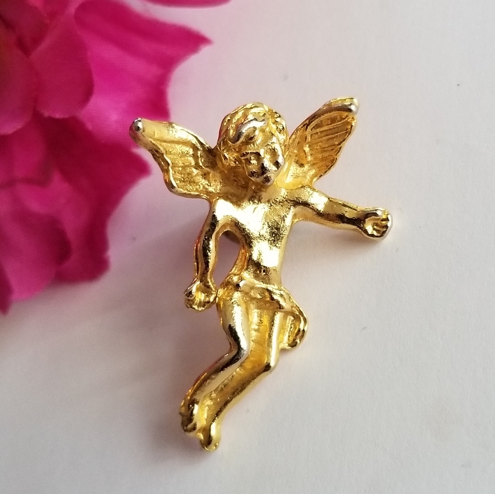 Relisted - Vintage angel brooch pin gold tone cherub on my shoulder religious - Picture 1 of 9